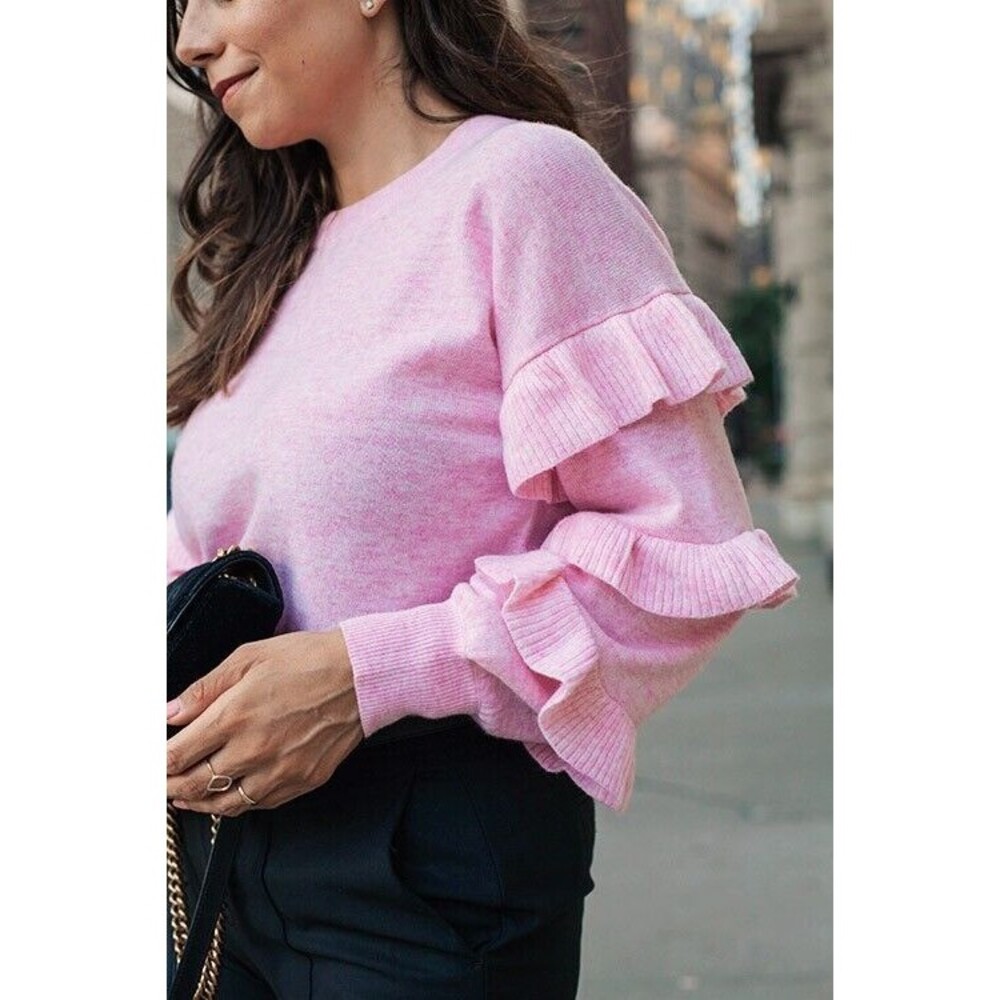 J. Crew Pink Sweater with Ruffle Sleeves Size L NWT Wool Blend